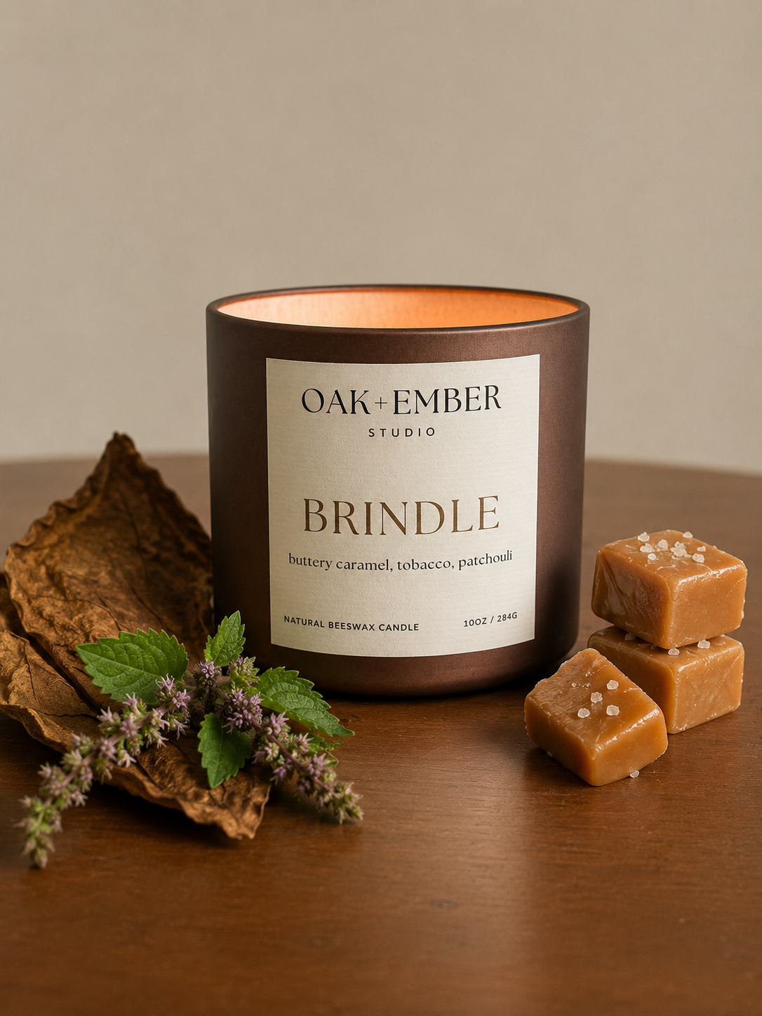 Brindle | Buttery Caramel, Tobacco, Patchouli | Non-toxic Beeswax Candle